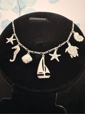 Sterling Silver Nautical Ocean Themed Figaro Charm Bracelet Anklet 7.5”